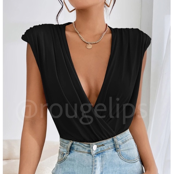 Black Ruched Bodysuit Deep V-Neck Overlapping Front Shoulder Pads - Picture 1 of 7